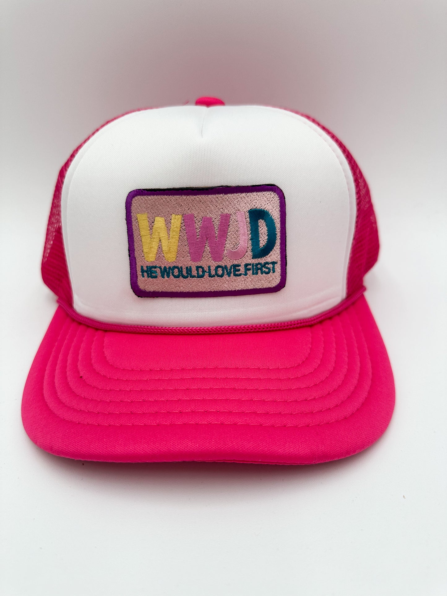 WWJD He would love first trucker hat (hot pink/white front)