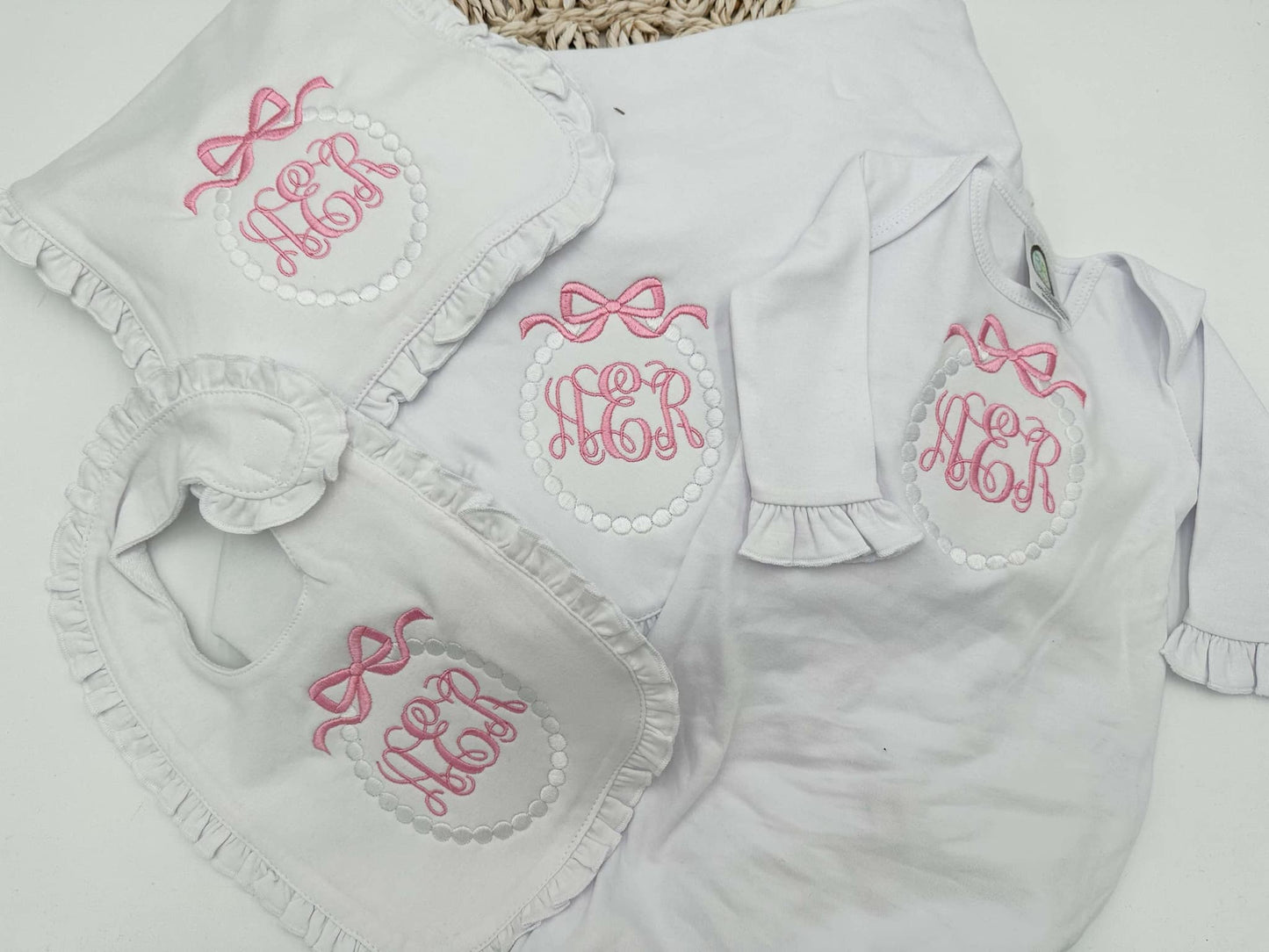 Embroidered Monogram Entire Set (Burp cloth, gown, bib, and blanket)