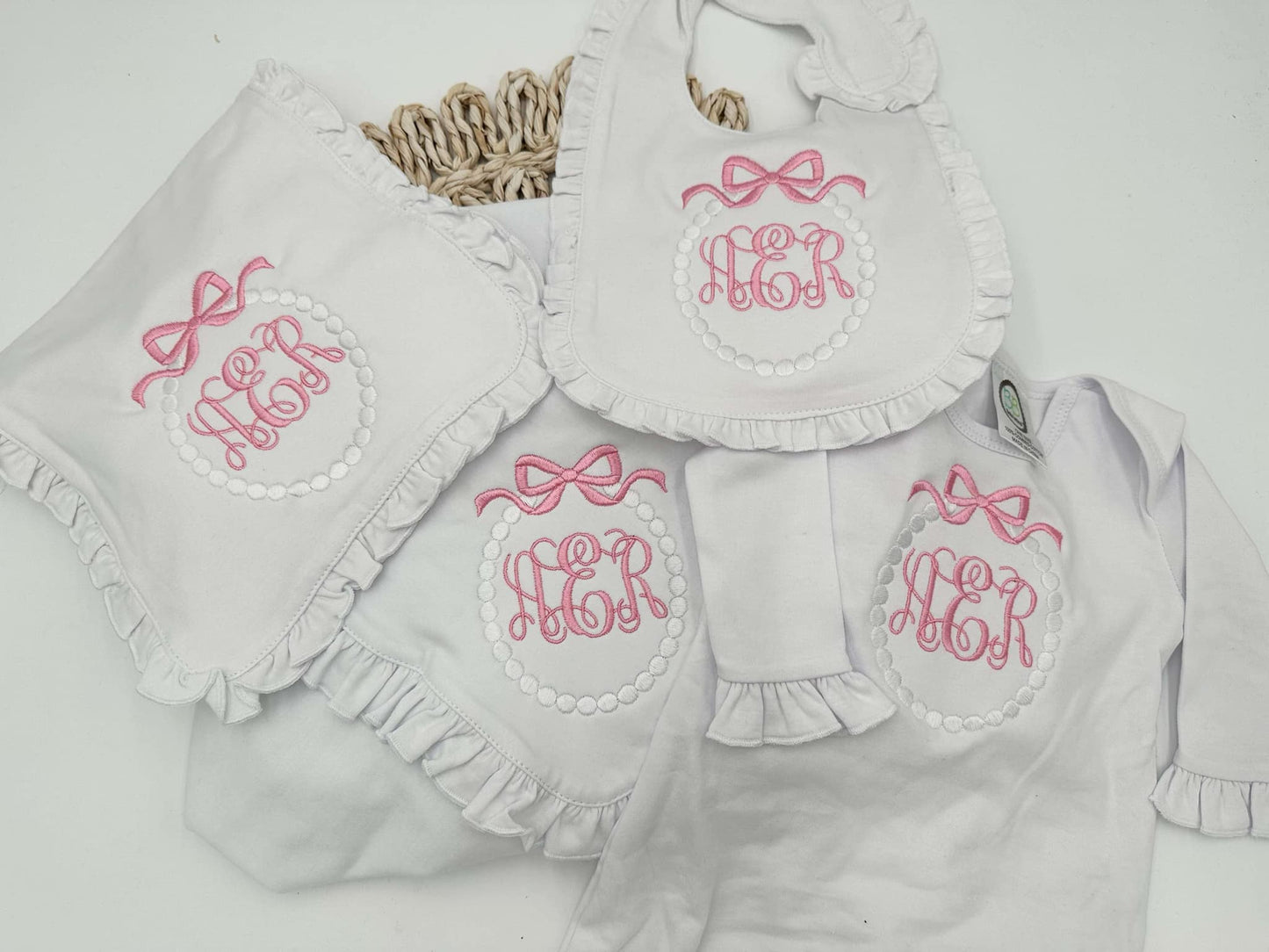 Embroidered Monogram Entire Set (Burp cloth, gown, bib, and blanket)