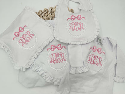 Embroidered Monogram Entire Set (Burp cloth, gown, bib, and blanket)