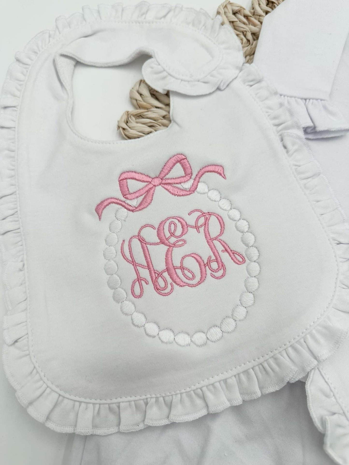 Embroidered Monogram Ruffle Bib